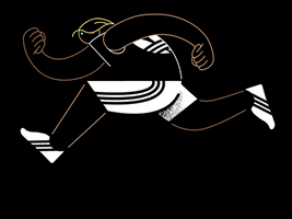 Ad gif. A giant illustrated person decked out in full Adidas gear is on a run and their arms pump back and forth in unison with their legs. They're outlined in white and pastel colors and the background is black. Wind swooshes over them, emphasizing their speed.