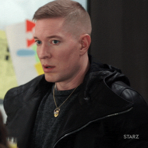 TV gif. Joseph Sikora as Tommy in Power. He looks around nervously and quickly grabs a full glass of orange juice, immediately chugging the whole thing in a state of panic. 