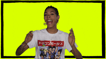 Video gif. Rico Nasty smiles at us, then hold her arms and smiles, making peace signs with both hands and pointing at us. Pink text on a neon green background appears as she moves, "Happy Birthday."