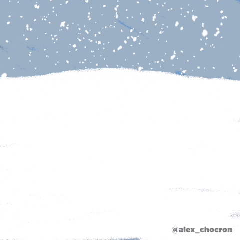 Digital art gif. A blizzard scene, white with snow, until a humanoid character dressed in a parka pops out, angry.
