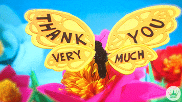 Digital art gif. A yellow butterfly flaps its wings as it rests on a pink and yellow flower. Text on the wings read, "Thank you very much."