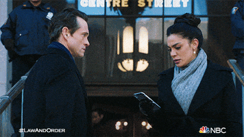 TV gif. A man and a woman detective from Law & Order stand on a city street, looking at the female detective’s phone. She says, “check this out.”