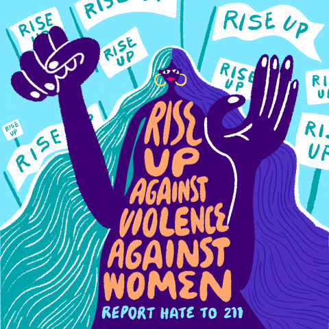 Text gif. Big, graphic, purple spirit-like woman with infinitely long hair and gold hoop earrings raises a fist, bearing the message "Rise up against violence against women, report hate to 211," surrounded by signs and banners that read "Rise up!" against a blue background.