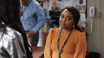 TV gif. Quinta Brunson as Janine in Abbott Elementary. She tilts her head and her eyes look around the room, looking like she kind of accepts what the person is saying but at the same time, doesn't fully agree.