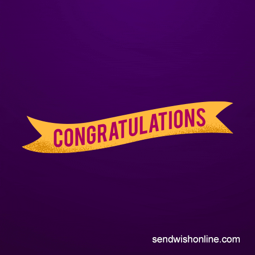 Text gif. A yellow ribbon says "Congratulations" over a purple background, and animated fireworks shoot up from below.