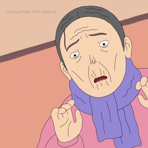 Illustrated gif. A grandma has a very concerned expression on and her hands are wavering back and forth in fright.
