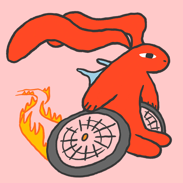 Digital art gif. A red rabbit is in a wheelchair and it's pushing itself quickly. Its long ears fly behind it and flames come out of the wheels.