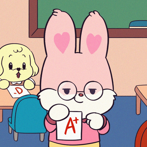 Cartoon gif. A young rabbit with glasses stands in a class room and points proudly to a paper that says, "A plus." Behind the rabbit, a small dog at a desk looks amazed; the piece of paper in front of him has a D minus on it. 