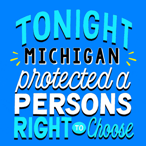 Text gif. Stylized letters in white and cyan on a periwinkle background, accented by yellow action marks. Text, "Tonight, Michigan protected a person's right to choose."