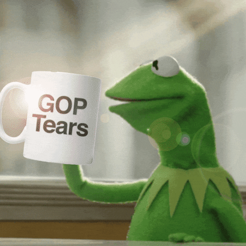 Muppets gif. Kermit the Frog tips back a mug labeled “GOP Tears” and takes a long sip as the sun glares through the window behind him.