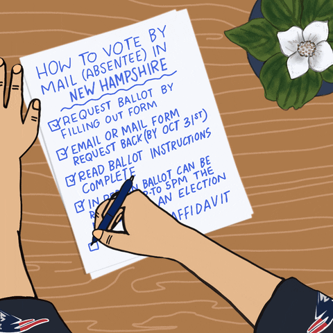 Illustrated gif. Hands finishing a handwritten checklist on a wooden desk with a lotus flower beside. Text, "How to vote by mail absentee in New Hampshire, Request ballot by filling out form, Email or mail form request back by October 31st, Read ballot instructions complete, In person ballot can be requested up to 5 PM the day before an election, Complete affidavit."