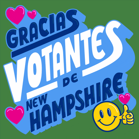 Digital art gif. White and royal blue 3D bubble letters with azure shadowing bob in and out on a grass green background, surrounded by hot pink hearts and a smiley face giving a thumbs up. Text, "Gracias votantes de New Hampshire."