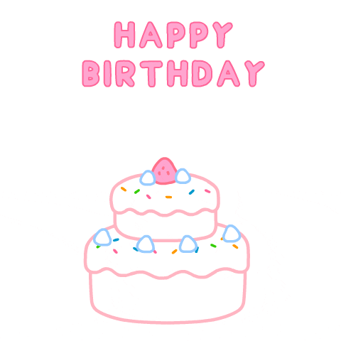 Cartoon gif. Out of a white, two tiered cake decorated with strawberries, a pink dinosaur pops out and waves her arms.Text, “Happy Birthday.”