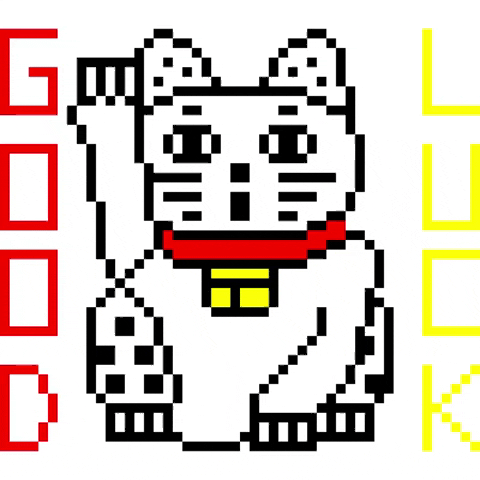 Kawaii gif. A pixelated Chinese happy cat waves mechanically as text flashes beside it. Text, "Good Luck."
