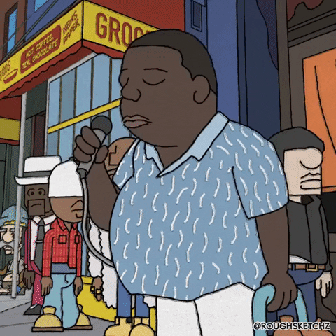 Cartoon gif. Biggie Smalls raps into a microphone while he stands on a busy city sidewalk.He bops his head along in sync with the DJ who is stationed next to him. 